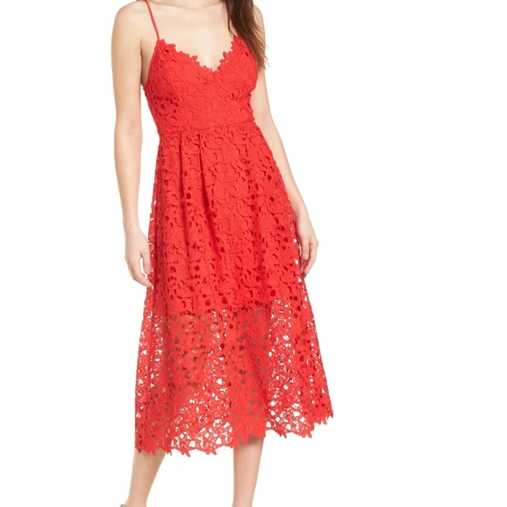 astr the label lace midi dress red Lace Hollow-out Midi Dress